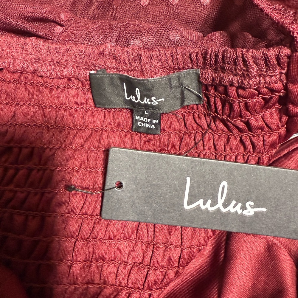 Lulu's Sweet Amor burgundy Tulle Swiss Dot Tiered Bustier Midi Dress Size Large - Picture 13 of 14